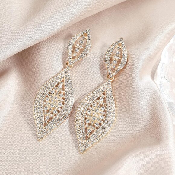 Women's Champagne Rhinestone Crystal Long Leaf Dangle Chandelier Earrings - Picture 5 of 7